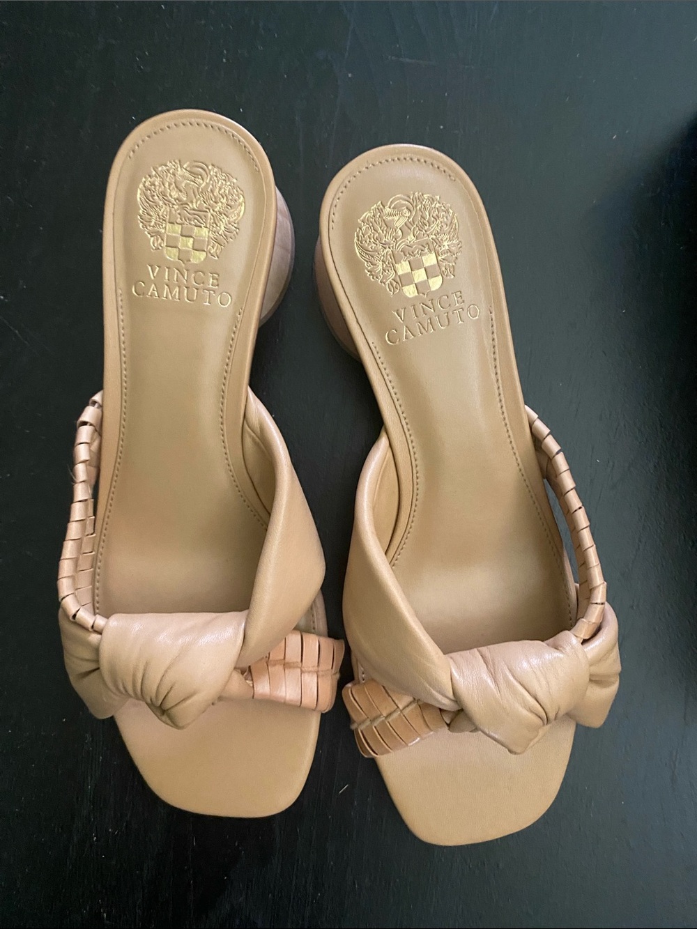 Vince Camuto Beige Knotted Leather Slide Sandals